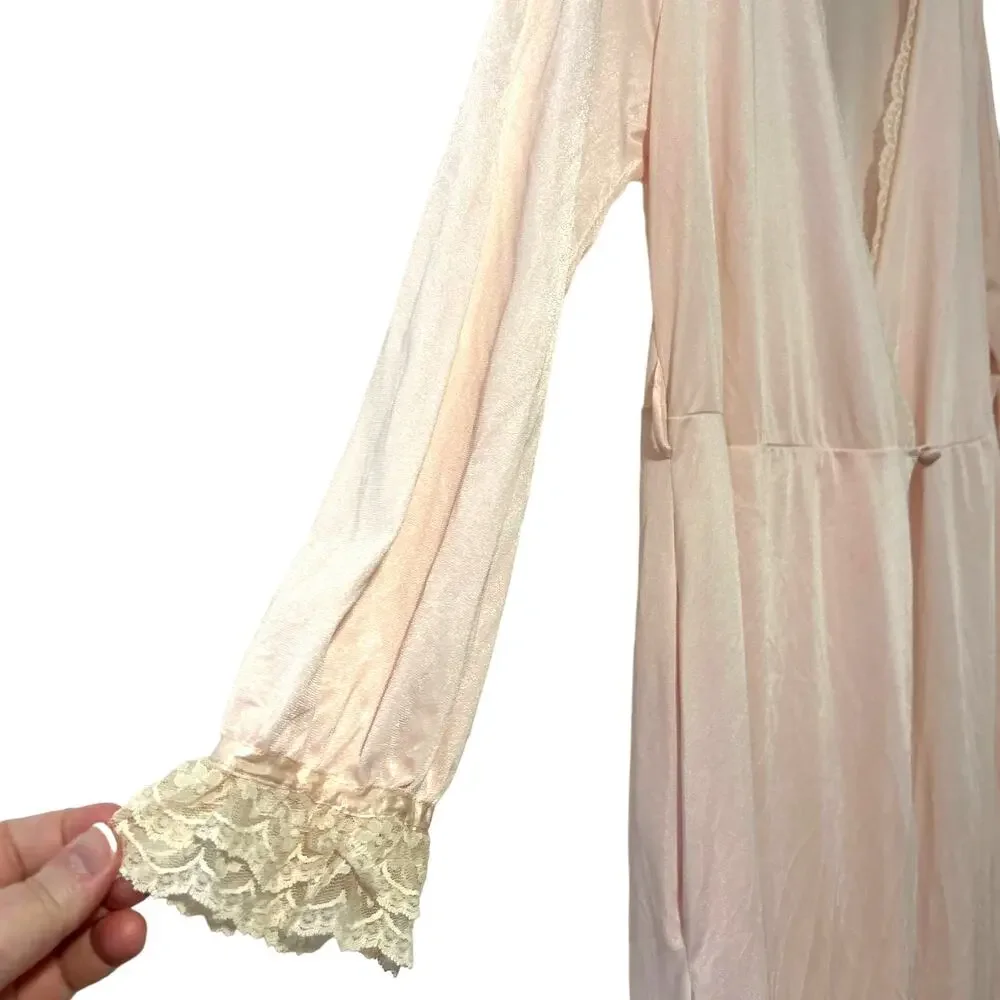Softness Avon Vintage Pink Lace Trimmed Long Sleeved Robe Sz M/L Circa 1980